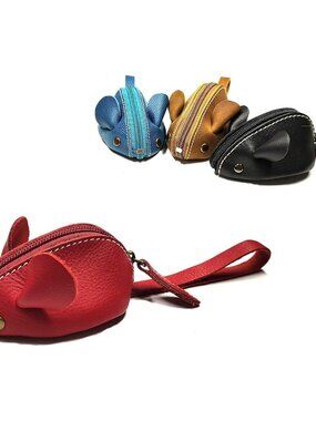 Genuine Leather Mouse Coin Purse Wallet, Womens Change Purse with Zipper, Cute S